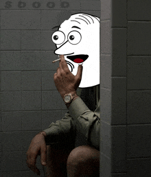 a man sitting on a toilet smoking a cigarette with a cartoon face behind him that says s dood