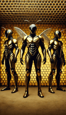 three bees in armor are standing in front of honeycombs