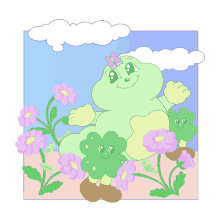 a cartoon drawing of a frog with flowers and clouds