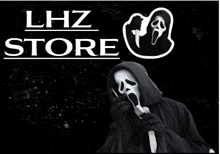 a poster for lhz store shows a ghost with a scream mask on