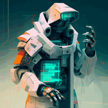 a painting of a futuristic robot with the number 1 on the chest