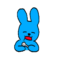 a drawing of a blue rabbit with a red tongue