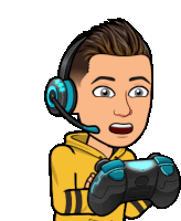 a cartoon man wearing headphones and holding a game controller