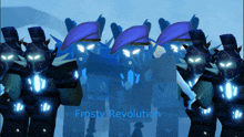 a poster for frosty revolution with a bunch of robots