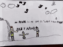 a child 's drawing of a man holding a balloon with the words " paz y amor " written on it