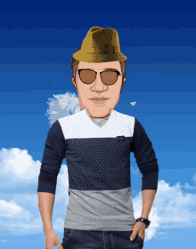 a cartoon of a man wearing sunglasses and a hat against a blue sky