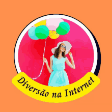 a woman in a blue dress is holding balloons in a circle with the words diversao na internet below her