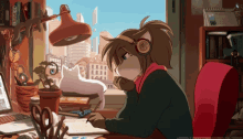 a cartoon of a furry character wearing headphones sitting at a desk