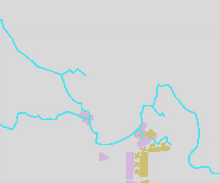 a map of a city with purple and yellow triangles and x marks