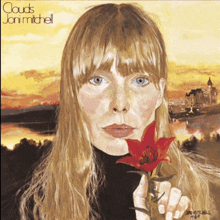 a painting of a woman holding a red flower with clouds joni mitchell written above her