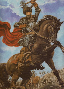 a painting of a man on a horse with an axe