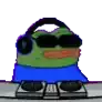 a cartoon frog wearing headphones and sunglasses is sitting on a dj table .