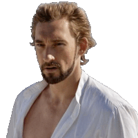 a man with a beard is wearing a white shirt and has his shirt open .