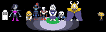 a group of pixel art characters standing next to each other on a black background