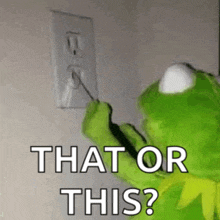 kermit the frog is plugging a cord into an electrical outlet and asking , `` that or this ? ''