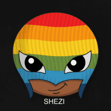 a rainbow colored mask with the name shezi on the bottom