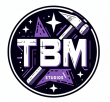 a logo for tbm studios has a purple and white circle