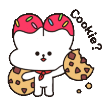 a cartoon drawing of a bunny holding a cookie with a bite taken out of it and the word cookie below it