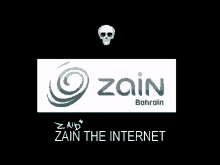 a logo for zain bahrain with a skull and the words zain the internet below it