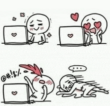 a cartoon of a man sitting in front of a laptop computer with hearts on his eyes .