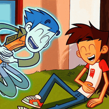 a cartoon of a boy sitting on the grass with a ghost behind him