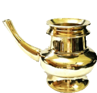 a small brass container with a long handle on a white background