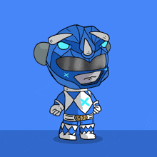 a cartoon drawing of a blue power ranger with a rhino mask