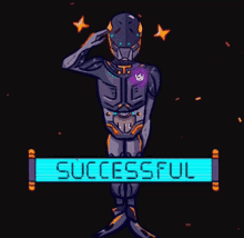 a robot salutes in front of a sign that says " successful "