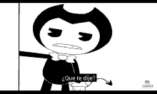 a black and white cartoon of bendy from bendy and the ink machine talking to someone .