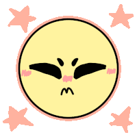 a cartoon drawing of a yellow circle with a face and pink stars around it