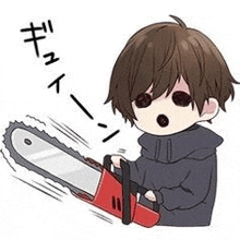 a cartoon of a boy holding a chainsaw .