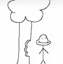 a black and white drawing of two stick figures standing under a cloud .