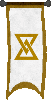 a white banner with a gold triangle with a x on it