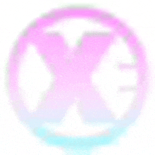 a pink and blue x in a circle on a white background