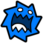 a blue cartoon character with a mouth open and sharp teeth .