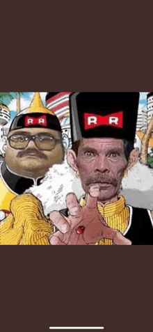 a man with a mustache and glasses is standing next to another man with a hat that says rr on it .