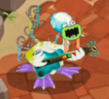 a cartoon monster is playing a guitar with a green mouth .