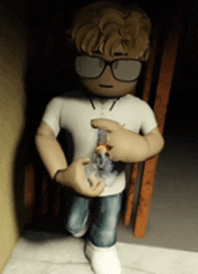 a cartoon character wearing glasses and a white shirt is holding a stuffed animal .