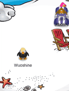 a penguin on a beach with the name wuoshine on it