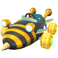 a black and yellow bee shaped vehicle with green wheels on a white background