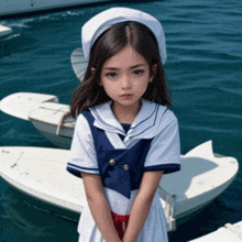 a little girl in a sailor outfit is standing on a boat