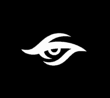 a white logo on a black background that looks like an eye with a swirl around it .