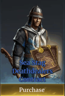 a picture of a man holding a book with the words sea stag deathdealers contract purchase on the bottom