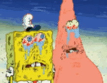 spongebob and patrick from spongebob squarepants are standing next to each other .