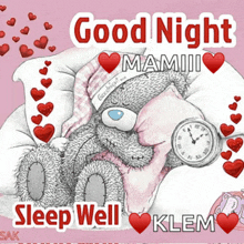 a teddy bear laying on a pillow with hearts and the words good night mamii sleep well klem