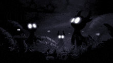 a group of cartoon characters with glowing eyes in the dark .