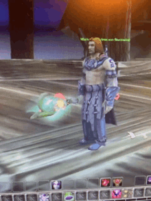 a screenshot of a video game shows a man holding a sword and a glowing flower