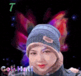 a painting of a woman wearing a beanie with the name geli jati below her