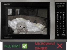 a sharp microwave with a picture of a cat on it