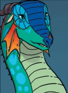 a drawing of a blue and green dragon with a long neck